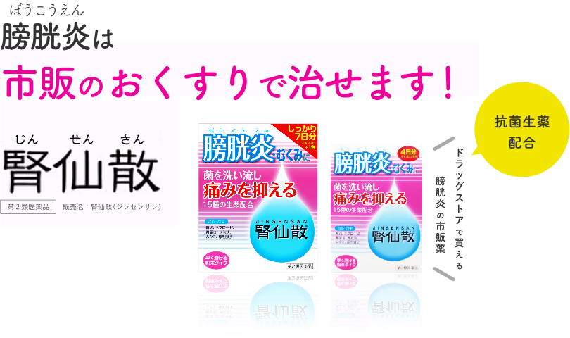 膀胱炎は市販のおくすりで治せます！【抗菌生薬配合】ドラッグストアで買える膀胱炎の市販薬 【第2類医薬品】販売名：腎仙散（ジンセンサン）